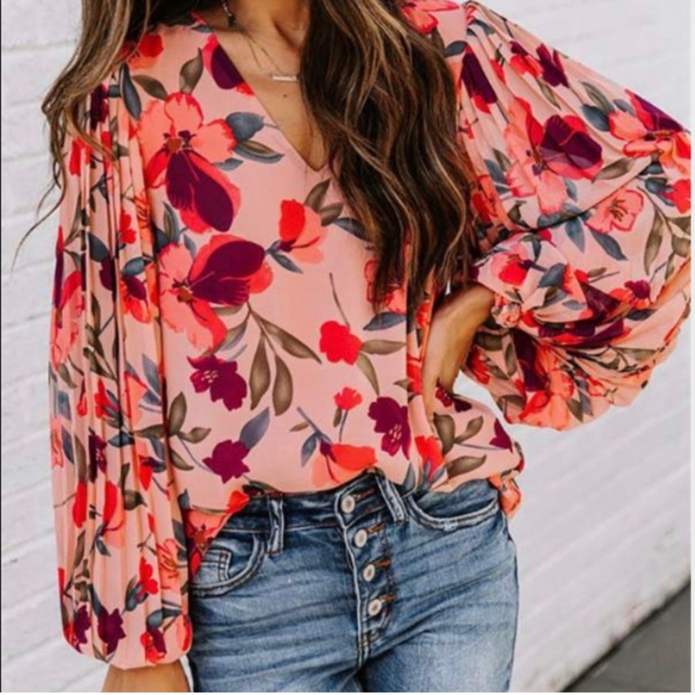 Mundefeis Floral Silky Pleated Sleeve Blouse Pink Large NWT